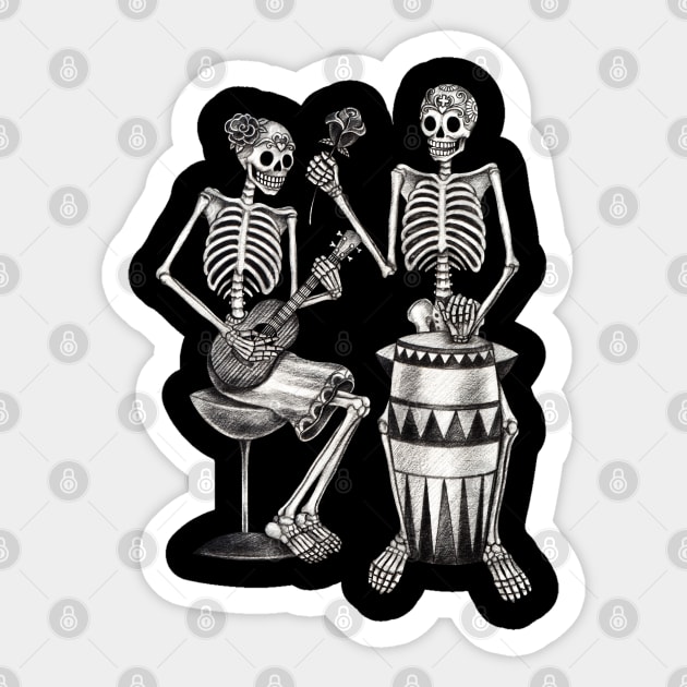 Sugar skull couple lover playing drum and ukulele celebration day of the dead. Sticker by Jiewsurreal